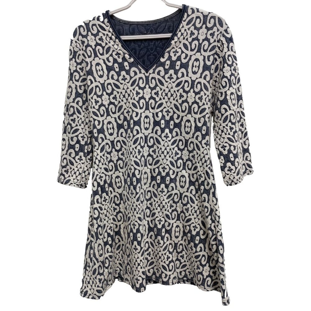 Laura Hlavac Tunic Top‎ Womens Medium Gray White Floral Textured Artsy BOHO